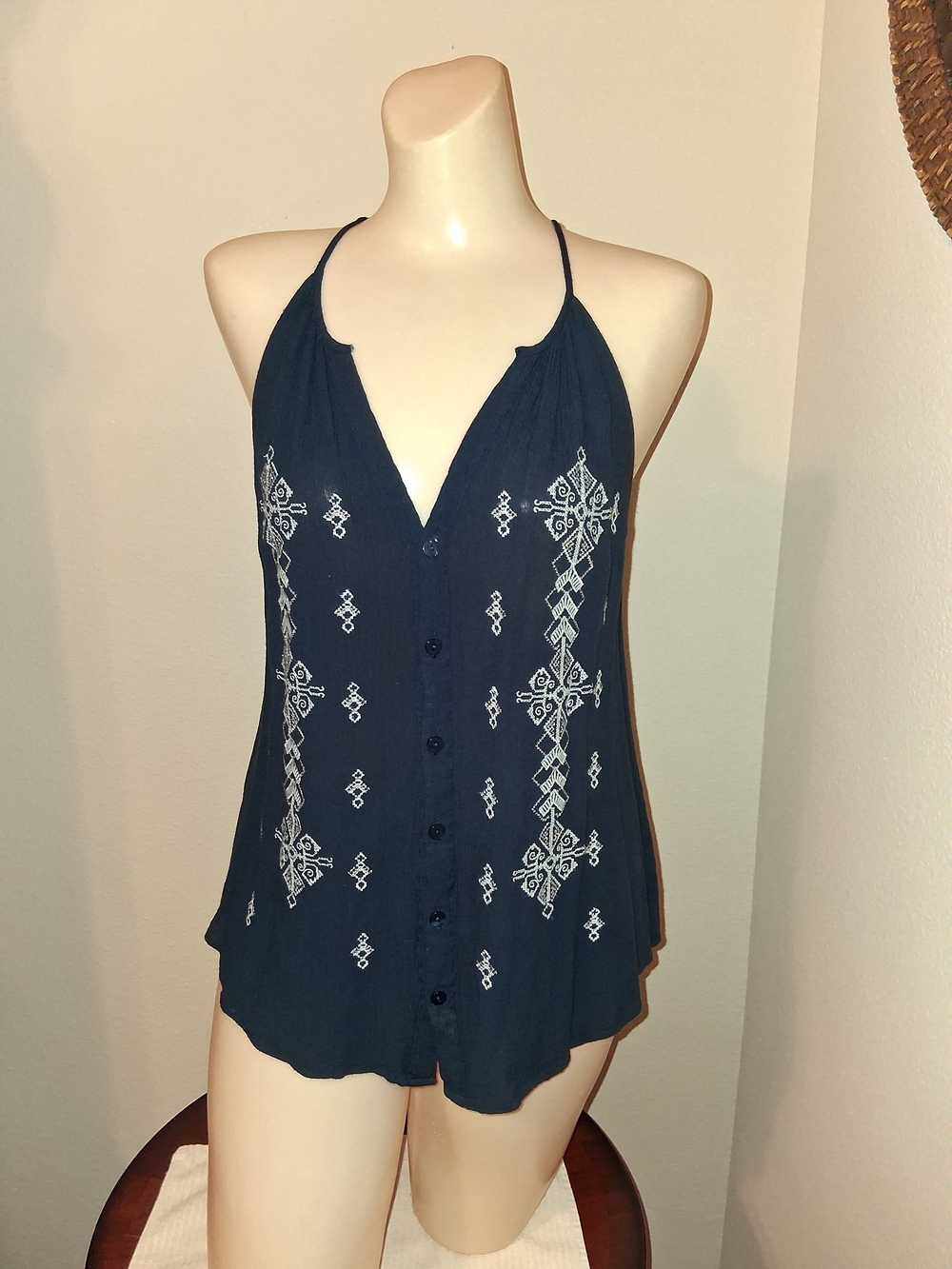 Artisan Ny Navy Halter Camisole with White Embroidery
